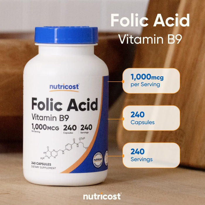 Nutricost ácido fólico (Vitamina B9) 1000 mcg, 240 Cápsulas, 1 botella, 1 - Quierox - Tienda Online