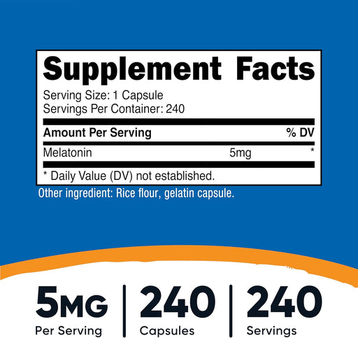 Nutricost Melatonina 5 mg, 240 cápsulas - 5 mg por porción, sin OMG, sin gluten - Quierox - Tienda Online