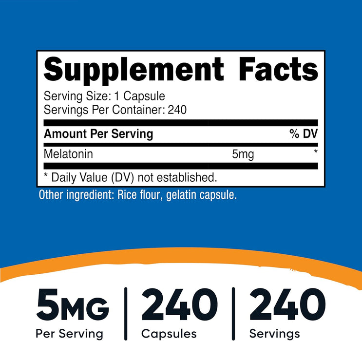 Nutricost Melatonina 5 mg, 240 cápsulas - 5 mg por porción, sin OMG, sin gluten - Quierox - Tienda Online
