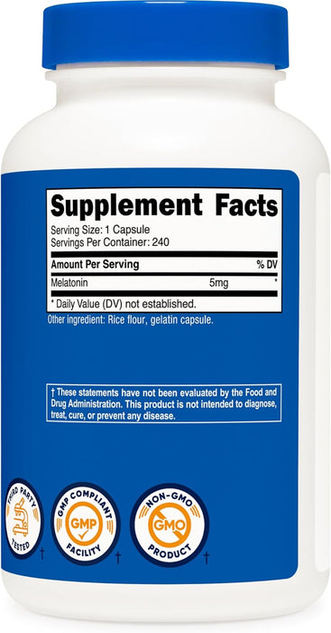 Nutricost Melatonina 5 mg, 240 cápsulas - 5 mg por porción, sin OMG, sin gluten - Quierox - Tienda Online