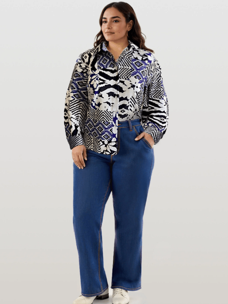 NY&C Camisa de botones con estampado floral de patchwork de satén de manga larga - Quierox - Tienda Online