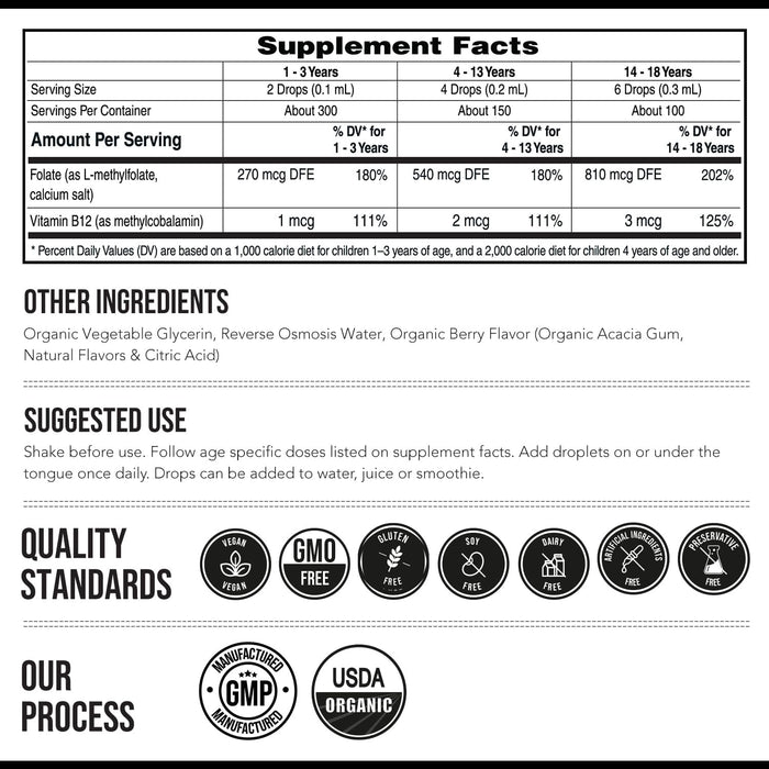 Organic Kids L - metilfolato + metil B12 Cofactor - MTHFR forma sublingual - 5 - MTHF - Quierox - Tienda Online
