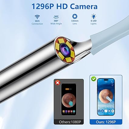 Otoscopio limpiador de oídos, 1296P HD, 3,6 mm, WiFi,compatible con Android e iOS (negro) - Quierox - Tienda Online