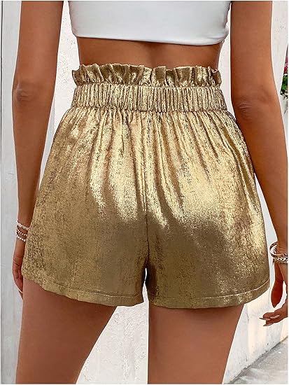OYOANGLE Pantalones cortos elásticos metálicos brillantes de cintura alta para mujer - Quierox - Tienda Online
