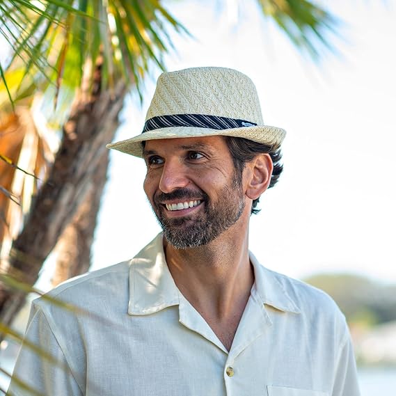 Panama Jack Tejido Toyo Fedora con banda negra a rayas - Quierox - Tienda Online