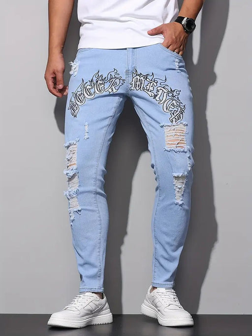 Pantalón vaquero ajustado rotos bordados, gráfico de letras estilo urbano para hombre - Quierox - Tienda Online