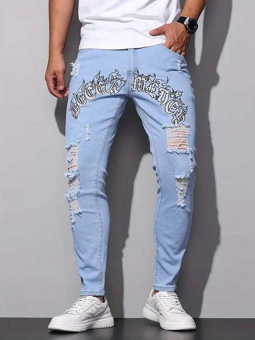 Pantalón vaquero ajustado rotos bordados, gráfico de letras estilo urbano para hombre - Quierox - Tienda Online