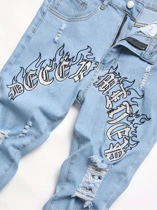 Pantalón vaquero ajustado rotos bordados, gráfico de letras estilo urbano para hombre - Quierox - Tienda Online