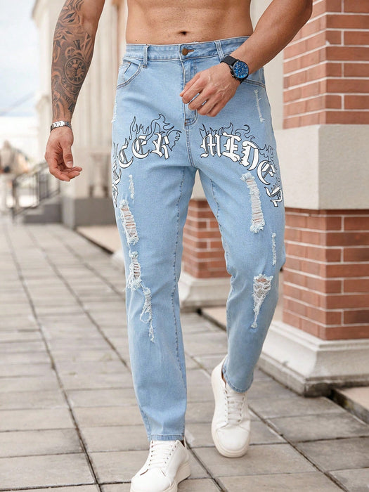 Pantalón vaquero ajustado rotos bordados, gráfico de letras estilo urbano para hombre - Quierox - Tienda Online