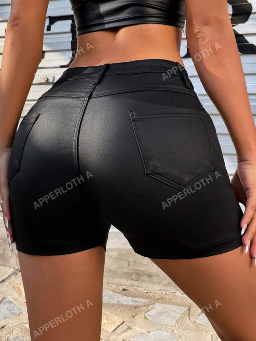 Pantalones cortos de cuero sintético con cintura alta y dos bolsillos traseros de Apperloth - Quierox - Tienda Online
