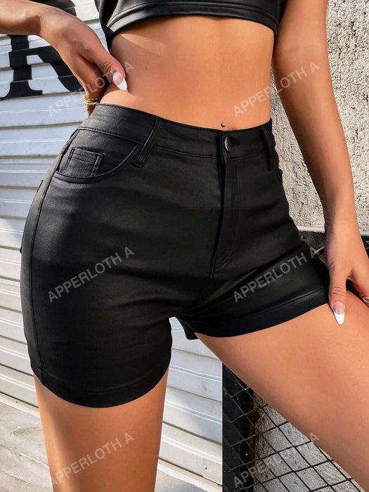 Pantalones cortos de cuero sintético con cintura alta y dos bolsillos traseros de Apperloth - Quierox - Tienda Online