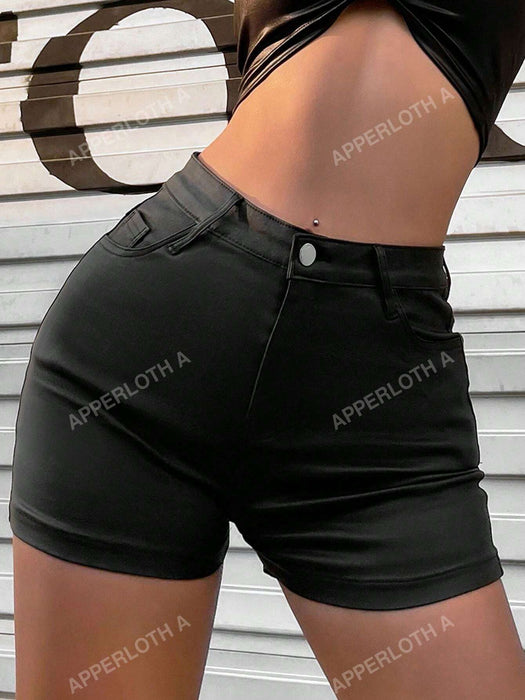Pantalones cortos de cuero sintético con cintura alta y dos bolsillos traseros de Apperloth - Quierox - Tienda Online