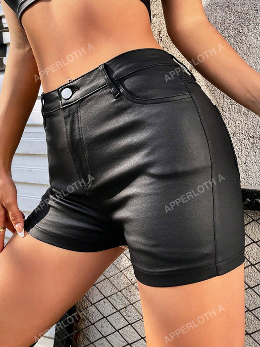 Pantalones cortos de cuero sintético con cintura alta y dos bolsillos traseros de Apperloth - Quierox - Tienda Online