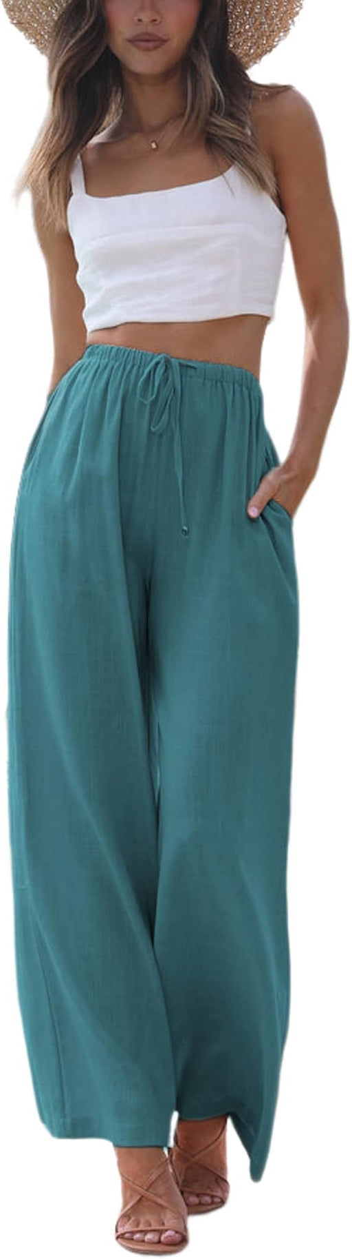 Pantalones de playa Faleave para mujer, de algodón y lino, holgados, de pierna ancha y estilo palazzo - Quierox - Tienda Online