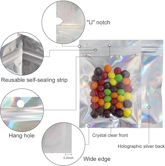 Paquete de 100 bolsas holográficas resellables Tamaño: 4 X 7 inches - Quierox - Tienda Online