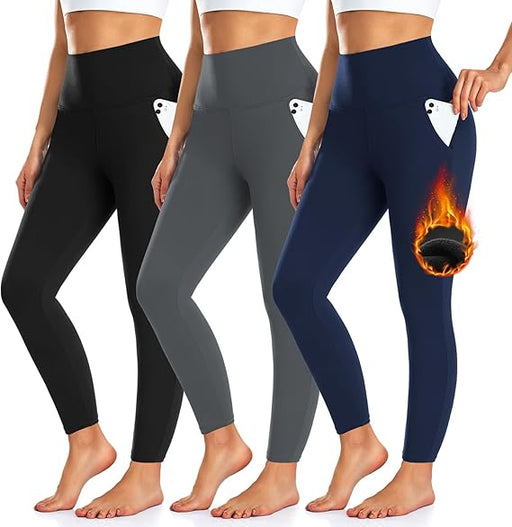 Paquete de 3 leggings con forro polar para mujer con bolsillos, pantalones de yoga cálidos - Quierox - Tienda Online