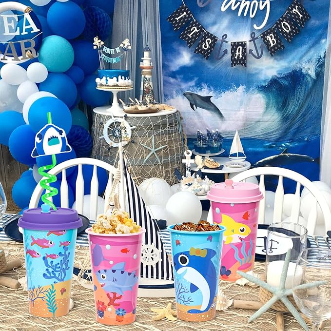Paquete de 4 Vasos de regalo con tapas para fiestas de tiburón - Quierox - Tienda Online