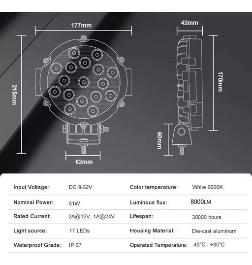 Par Faros Redondo 17 Led Cree 7 Pulgadas 51w Jeep 4x4 - Quierox - Tienda Online