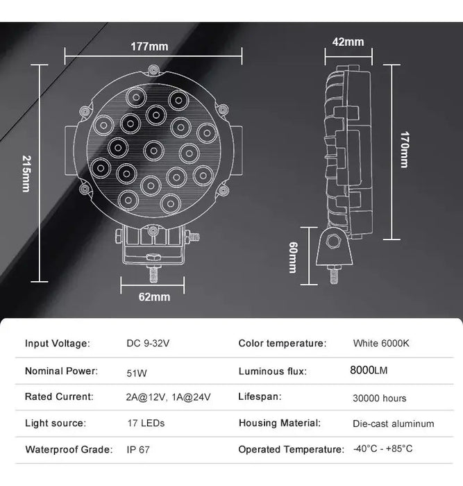 Par Faros Redondo 17 Led Cree 7 Pulgadas 51w Jeep 4x4 - Quierox - Tienda Online