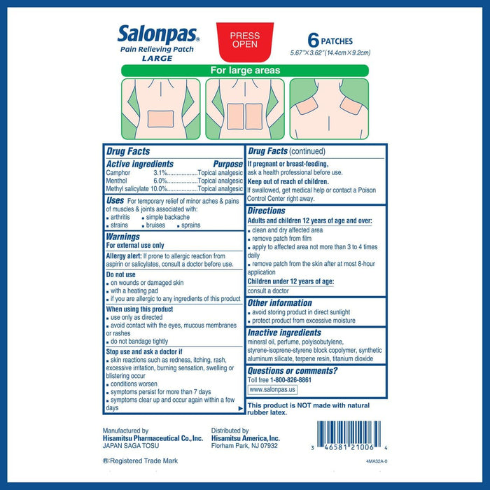 Parche analgésico Salonpas, grande, 6 unidades, para dolor de espalda, cuello, hombros - Quierox - Tienda Online