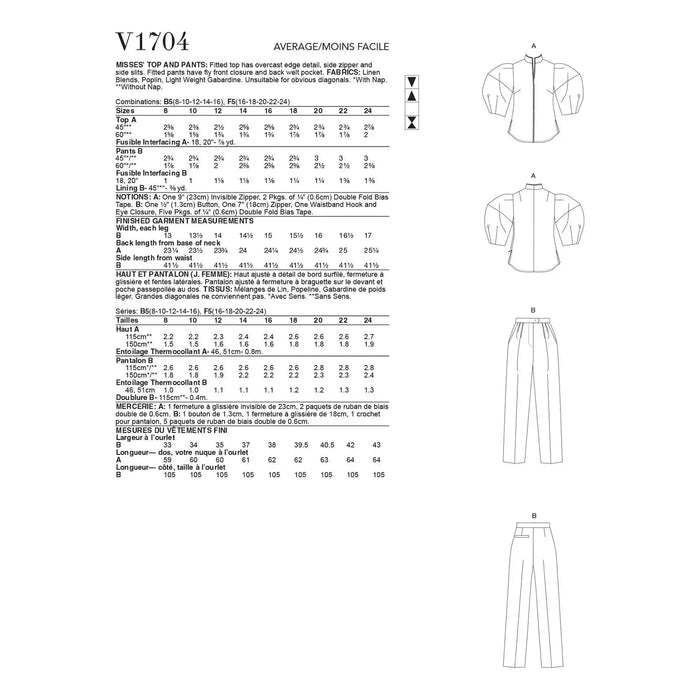 Patrón de costura Vogue V1704 - Combinación de blusa y pantalón - Mangas abullonadas - Quierox - Tienda Online