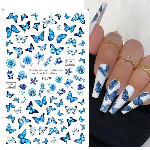 Pegatinas de uñas de mariposa azul, calcomanías de flores, decoraciones deslizantes 3D, diseños holográficos - Quierox - Tienda Online
