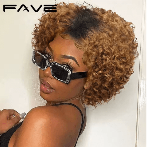 Peluca corta rizada estilo pixie de cabello sintético brasileño Remy castaño con raya al lado - Quierox - Tienda Online