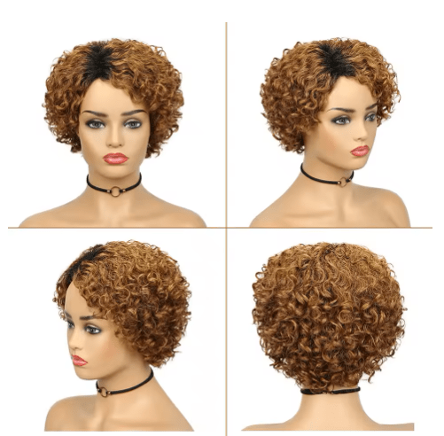 Peluca corta rizada estilo pixie de cabello sintético brasileño Remy castaño con raya al lado - Quierox - Tienda Online