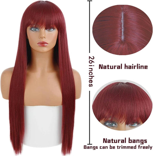 Peluca larga y recta con flequillo de pelo sintético para mujer de color burdeos - Quierox - Tienda Online