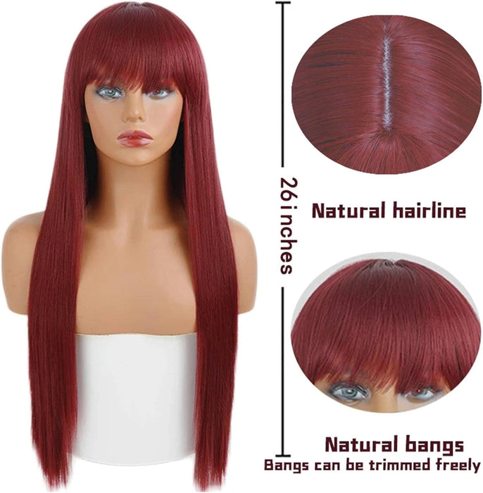 Peluca larga y recta con flequillo de pelo sintético para mujer de color burdeos - Quierox - Tienda Online