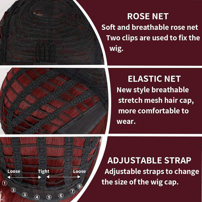 Peluca larga y recta con flequillo de pelo sintético para mujer de color burdeos - Quierox - Tienda Online