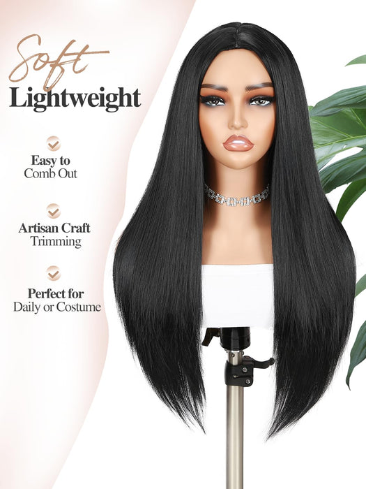 Peluca para mujer color negro de cabello sintético naturalmente lacio y largo y sin pegamento 24 pulgadas - Quierox - Tienda Online