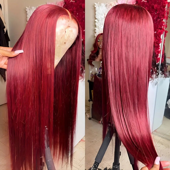 Pelucas de cabello sintetico con encaje frontal 13x4 transparente color borgoña de 26 pulgadas - Quierox - Tienda Online