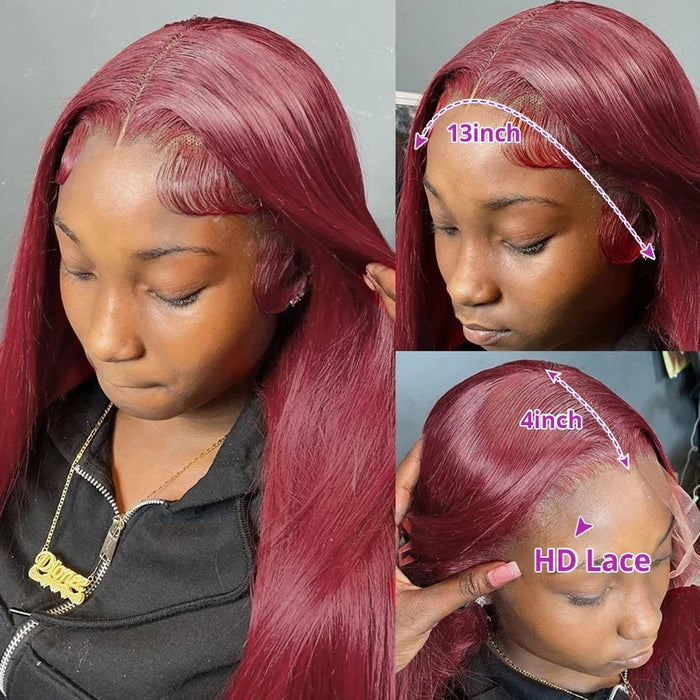Pelucas de cabello sintetico con encaje frontal 13x4 transparente color borgoña de 26 pulgadas - Quierox - Tienda Online