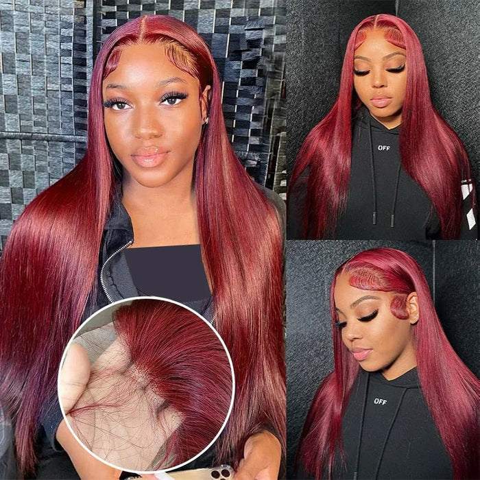 Pelucas de cabello sintetico con encaje frontal 13x4 transparente color borgoña de 26 pulgadas - Quierox - Tienda Online