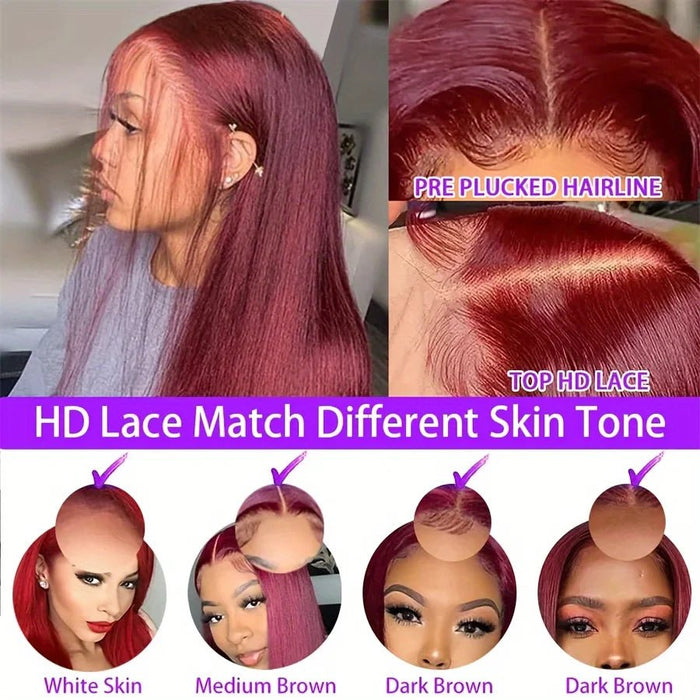 Pelucas de cabello sintetico con encaje frontal 13x4 transparente color borgoña de 26 pulgadas - Quierox - Tienda Online