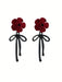 Pendientes con diseño de rosa y lazo 3D en color rojo vino con textura de terciopelo - Quierox - Tienda Online