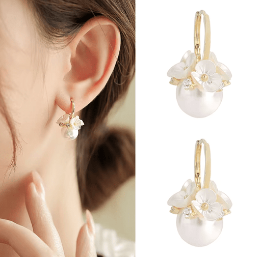 Pendientes de aro de perlas y flores de concha para mujer - Quierox - Tienda Online
