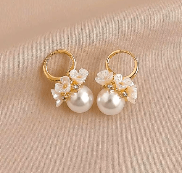 Pendientes de aro de perlas y flores de concha para mujer - Quierox - Tienda Online