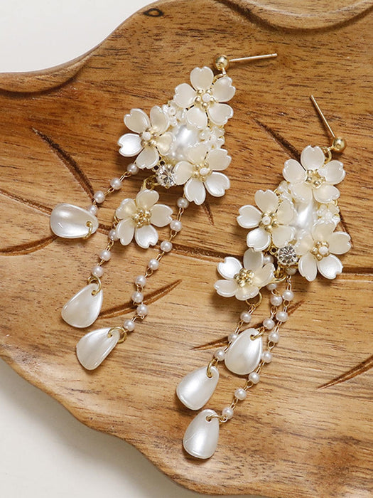 Pendientes largos flor & con perla artificial - Quierox - Tienda Online