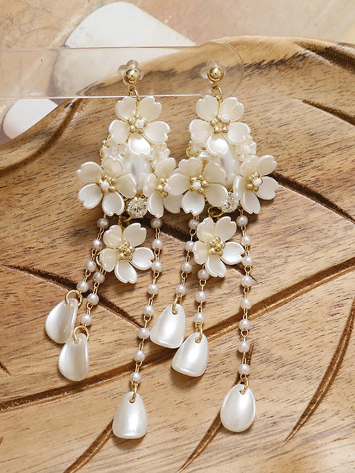 Pendientes largos flor & con perla artificial - Quierox - Tienda Online