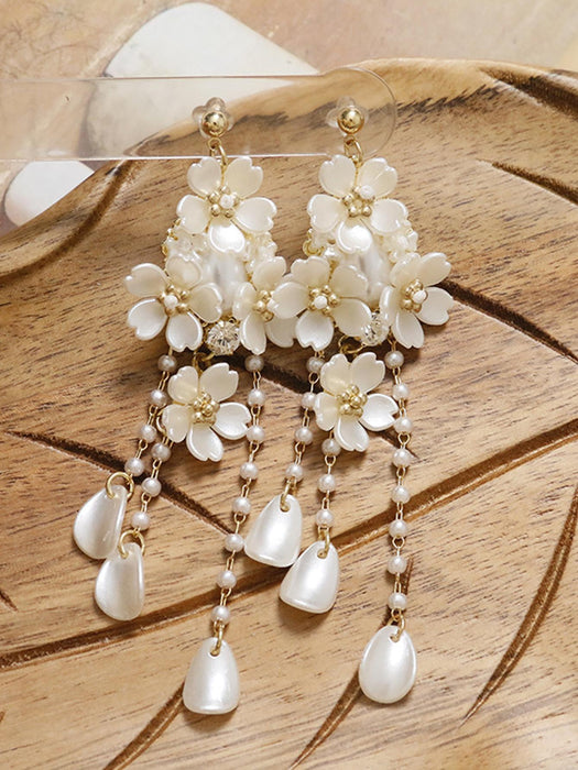Pendientes largos flor & con perla artificial - Quierox - Tienda Online