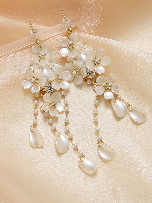 Pendientes largos flor & con perla artificial - Quierox - Tienda Online