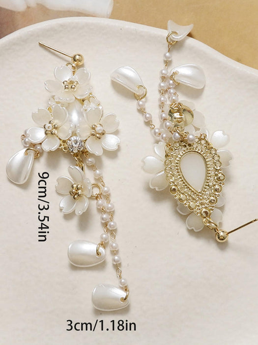 Pendientes largos flor & con perla artificial - Quierox - Tienda Online