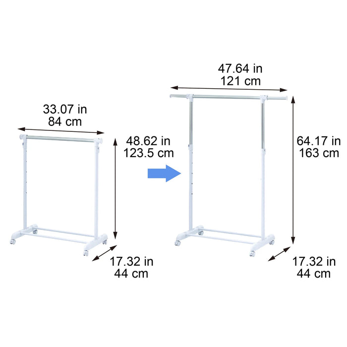 Perchero ajustable con ruedas Mainstays, de metal cromado, blanco, 84 - 121 cm de ancho x 44 cm de profundidad x 123,5 - 163 cm de alto - Quierox - Tienda Online