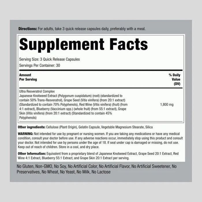 PIPING ROCK Resveratrol complex 1800 MG 90 cápsulas sinomg - Quierox - Tienda Online