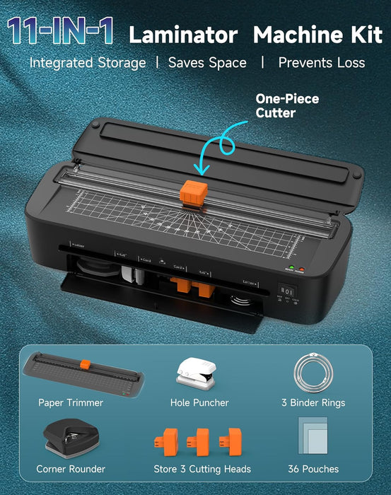 Plastificadora térmica A4 11 en 1, con 36 fundas, 3 cabezales de corte y recortador integrado, ideal para la escuela, el hogar, la oficina (negra) - Quierox - Tienda Online