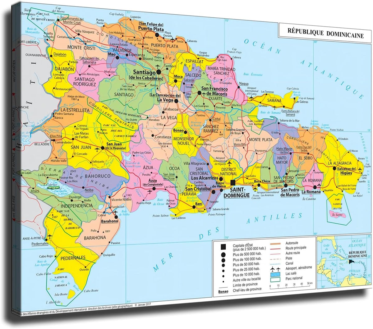 Póster de lienzo con mapa geopolítico de República Dominicana, en fran ...