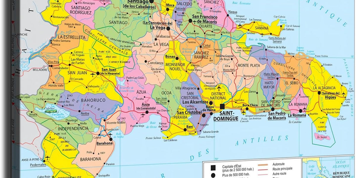 Póster de lienzo con mapa geopolítico de República Dominicana, en fran ...
