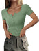 PRETTYGARDEN Camisetas de manga corta para mujer, con cuello henley acanalado, botones, corte entallado - Quierox - Tienda Online